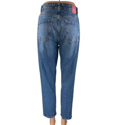 Zara Women's Blue Distressed High Waisted Straight Cropped Denim Jeans Size S