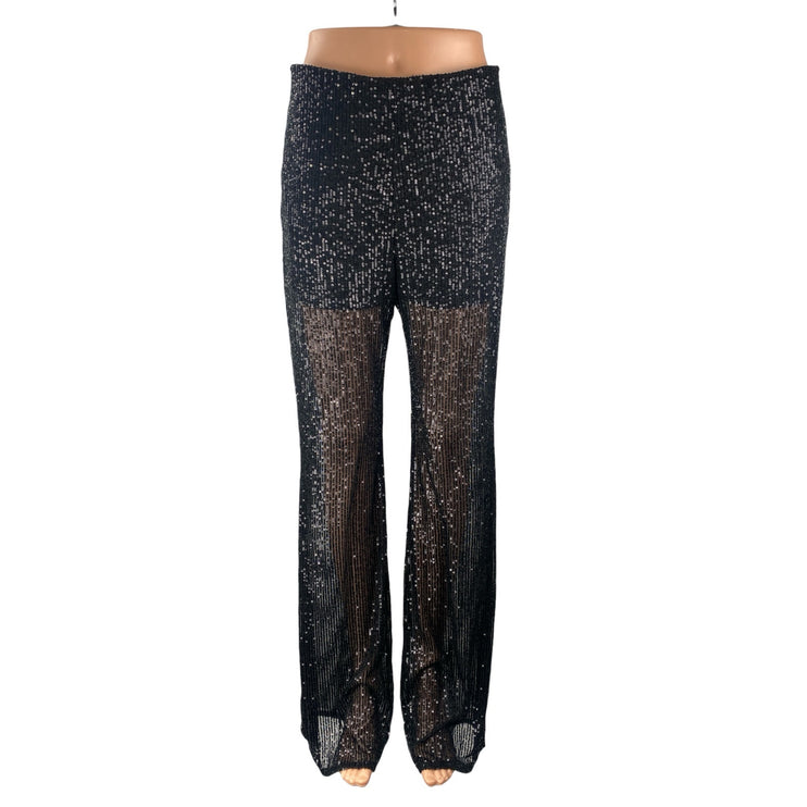 NEW Nasty Gal Women's Black Sequin Sparkly Sheer Wide Leg Trousers Pants Size 8