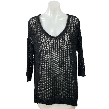 Millau Women's Black 3/4 Sleeves Open Knit Crochet V-neck Tunic Blouse Top Sz S