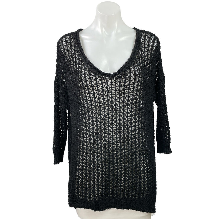 Millau Women's Black 3/4 Sleeves Open Knit Crochet V-neck Tunic Blouse Top Sz S