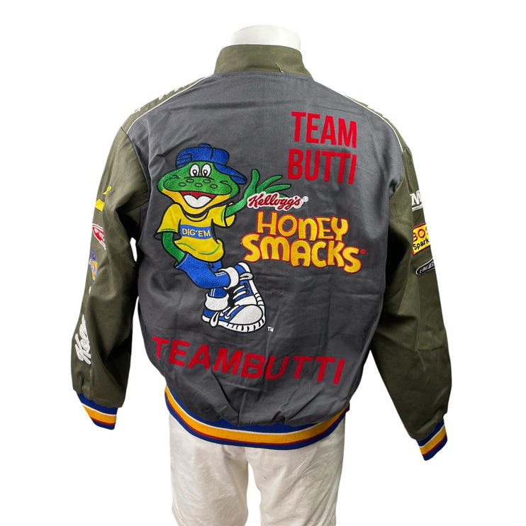VTG JH Design NASCAR Kellogg's Honey Smacks Gray Green Racing Bomber Jacket Sz L