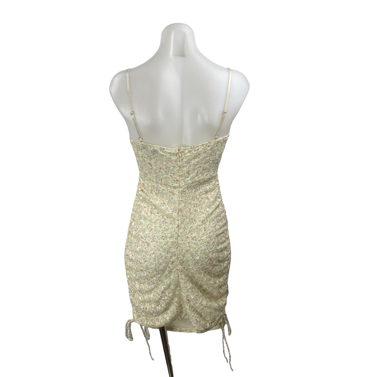 Blue Blush Yellow Floral Ruffle Sleeveless Ruched Cami Mini Bodycon Dress Size S