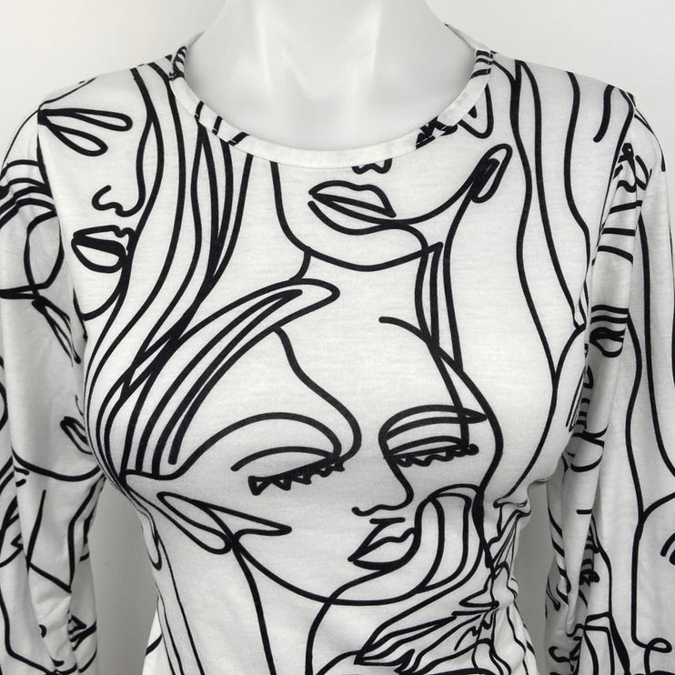 PrettyLittleThing White Abstract Face Print Crew Long Sleeve Bodysuit Top Sz 10