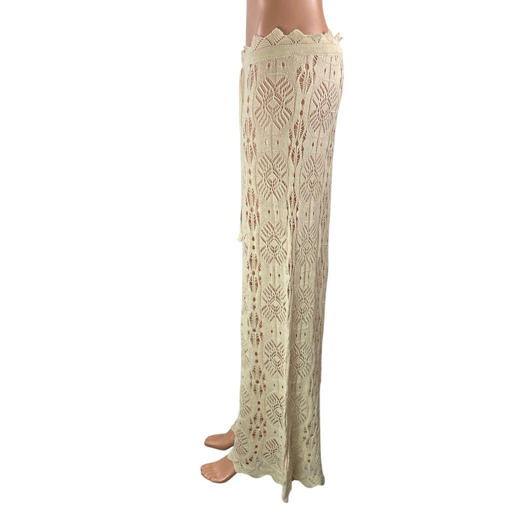 Women's Beige Crochet Knit Geometric High Waisted Boho Wide Leg Trousers Pants S
