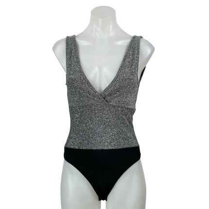 Zara Black Silver Metallic Thread Sleeveless Knit Lurex V-neck Bodysuit Top Sz S