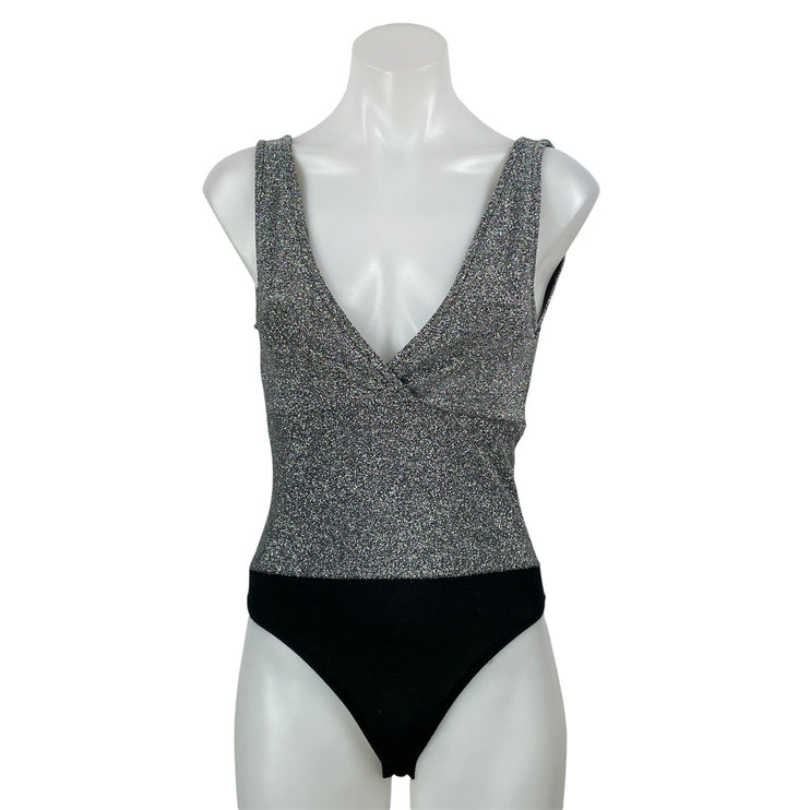 Zara Black Silver Metallic Thread Sleeveless Knit Lurex V-neck Bodysuit Top Sz S