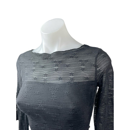 See You Monday Black Long Sleeve Floral Embroidered Mesh Cropped Blouse Top XS