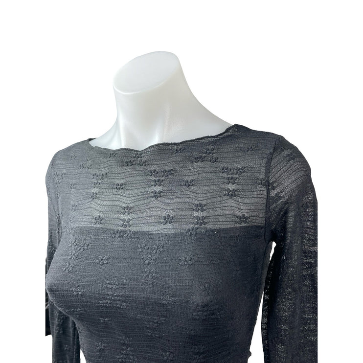 See You Monday Black Long Sleeve Floral Embroidered Mesh Cropped Blouse Top XS