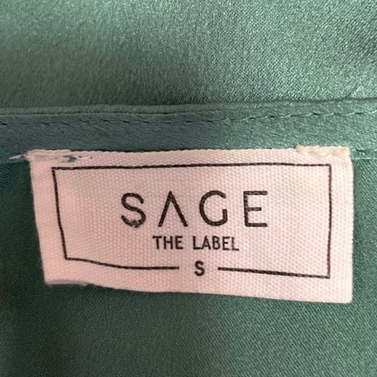 Sage The Label Green Satin Peplum Tie Front Puff Sleeve V-Neck Crop Top Blouse S