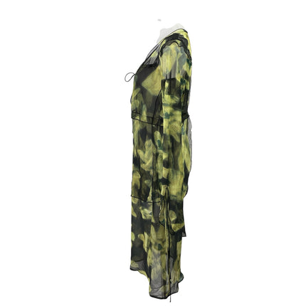 Commense Green Floral Mesh Long Sleeve Tie Cardigan Tank Midi Dress Set Size M