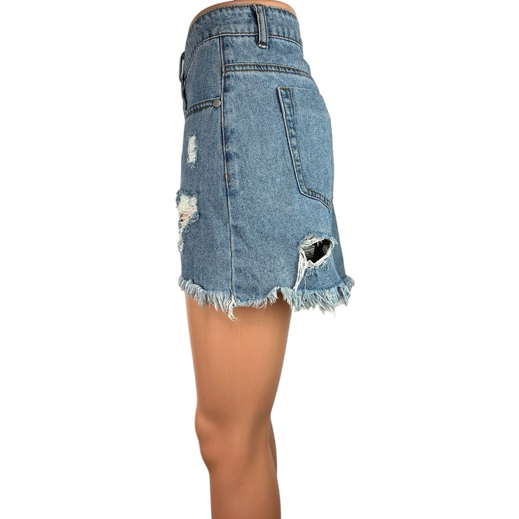 Caffeine Blue Medium Wash Distressed Frayed Raw Hem Mini Denim Jeans Skirt Sz L