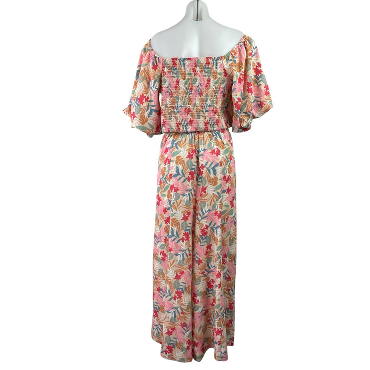 Fashion Nova Pink Blue Floral Puff Sleeve Fauz Wrap Wide Leg Romper Jumpsuit 1X