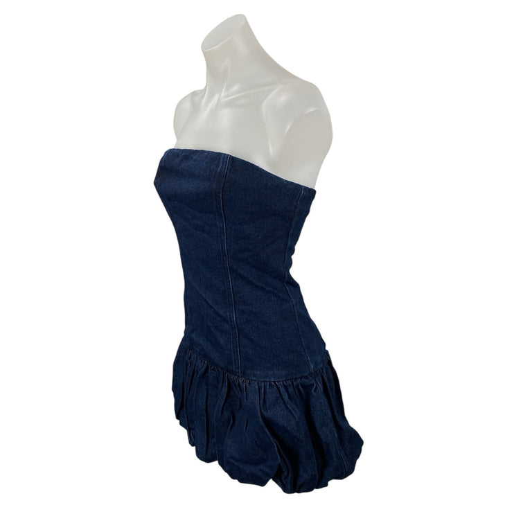 NEW PrettyLittleThing Blue Strapless Tube Bandeau Ruffle Mini Denim Jean Dress 2
