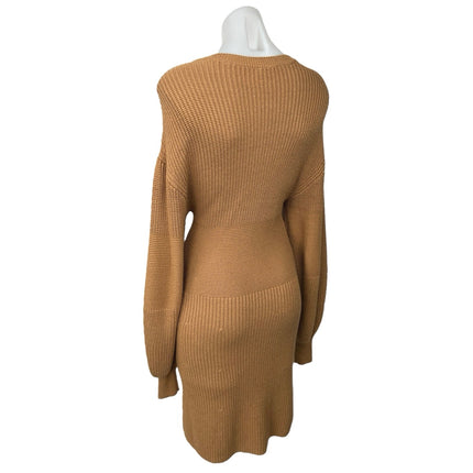 STAUD Marylebone Brown Tan Balloon Long Sleeve Knit Mini Bodycon Sweater Dress M