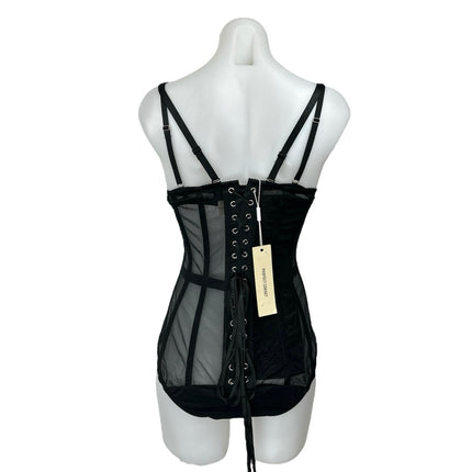 NEW Perfect Corset Cape Form Black Mesh Sheer Lace Up Back Coset Bodysuit Size M