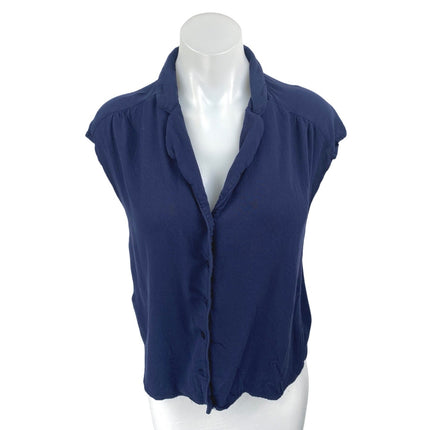 MNG Mango Women's Navy Blue Short Cap Sleeve V Neck Button Up Shirt Top Size 4