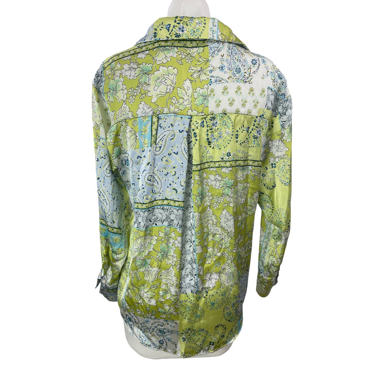 Zara Green Floral Paisley Colorblock Long Sleeve Button Down Shirt Top Size S