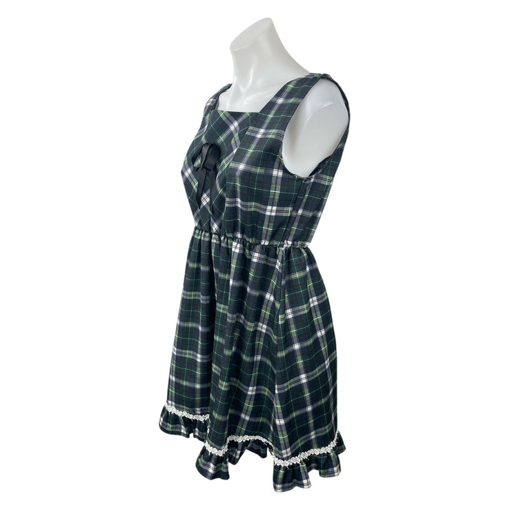 Juan Juan Green Plaid Check Lace Trim Ruffled Mini Tank Flare A-Line Dress S/M