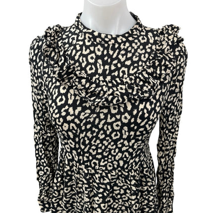 ZARA Black Cream Leopard Animal Print Long Sleeve Ruffle Mini A-line Dress XS