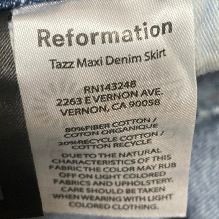 Reformation Tazz Women's Blue Medium Wash High Waisted Slit Maxi Denim Skirt 26