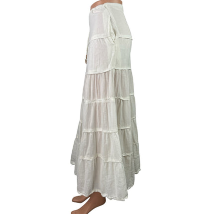 Free People Simply Smitten White Tiered Drawstring Boho A Line Maxi Skirt Size M