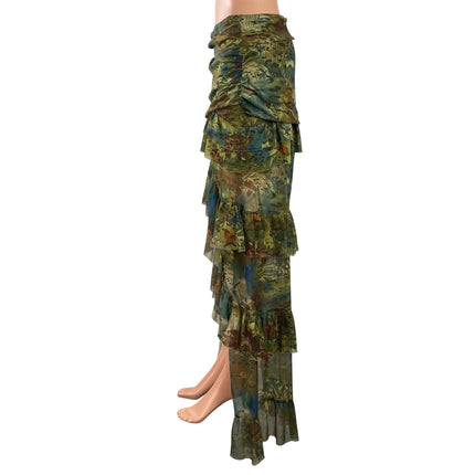SHEIN BAE Green Leopard Animal Tropical Print Ruffle Asymmetrical Skirt Size M