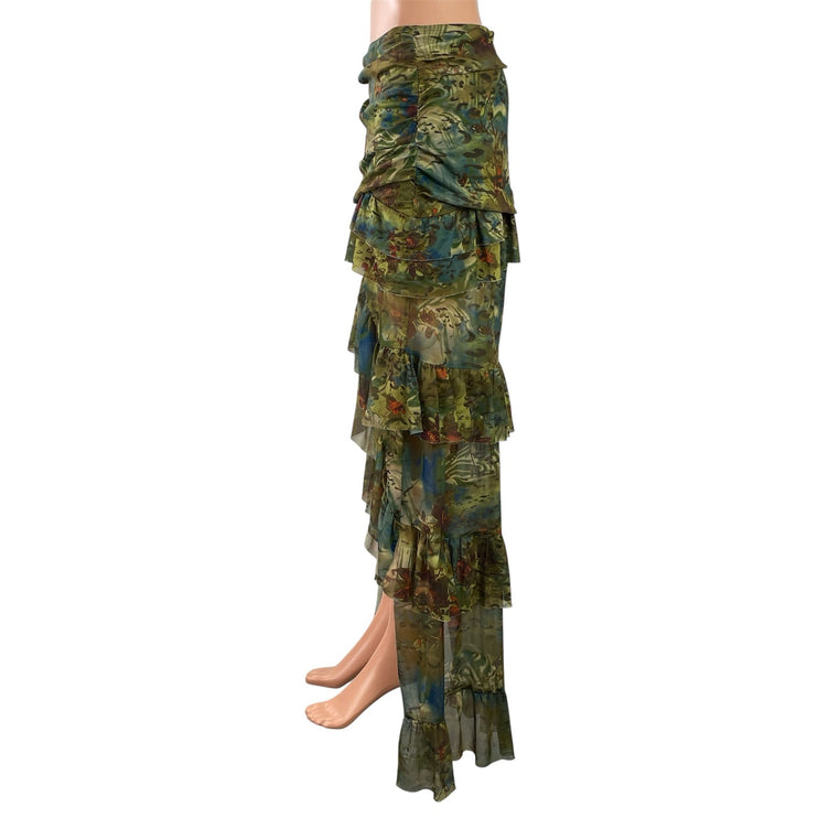 SHEIN BAE Green Leopard Animal Tropical Print Ruffle Asymmetrical Skirt Size M