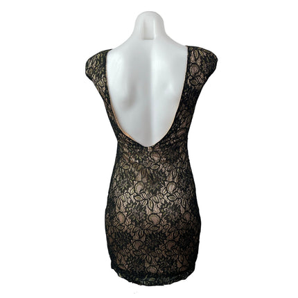 Soky & Soka Women's Black Floral Lace Cap Sleeve Open Back Mini Bodycon Dress S
