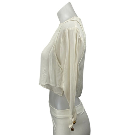 Dorothy Schoelen Cream Long Sleeve Boxy V Neck Pullover Crop Blouse Top Size XXS