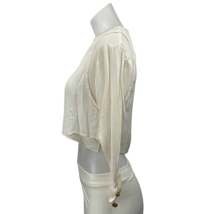 Dorothy Schoelen Cream Long Sleeve Boxy V Neck Pullover Crop Blouse Top Size XXS