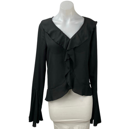 Commense Women's Black V-Neck Ruffles Long Bell Sleeve Crop Blouse Top Size M