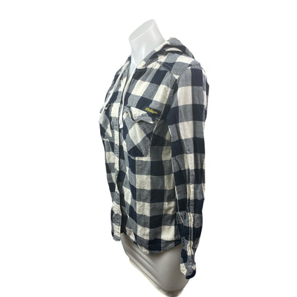 Columbia Womens Blue Plaid Flannel Long Sleeve Hoodie Button Up Shirt Top Size S