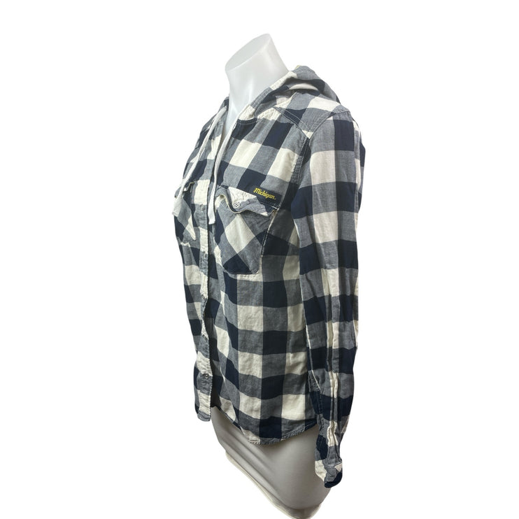 Columbia Womens Blue Plaid Flannel Long Sleeve Hoodie Button Up Shirt Top Size S