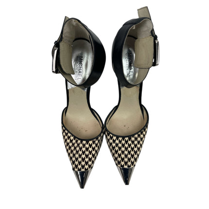 Michael Kors Black Houndstooth Pointed Toe Stiletto Heel Ankle Strap Sandals 8.5