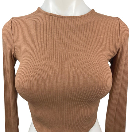 ASTR The Label Brown Ribbed Knit Cross Open Back Crew Neck Crop Top Size XS