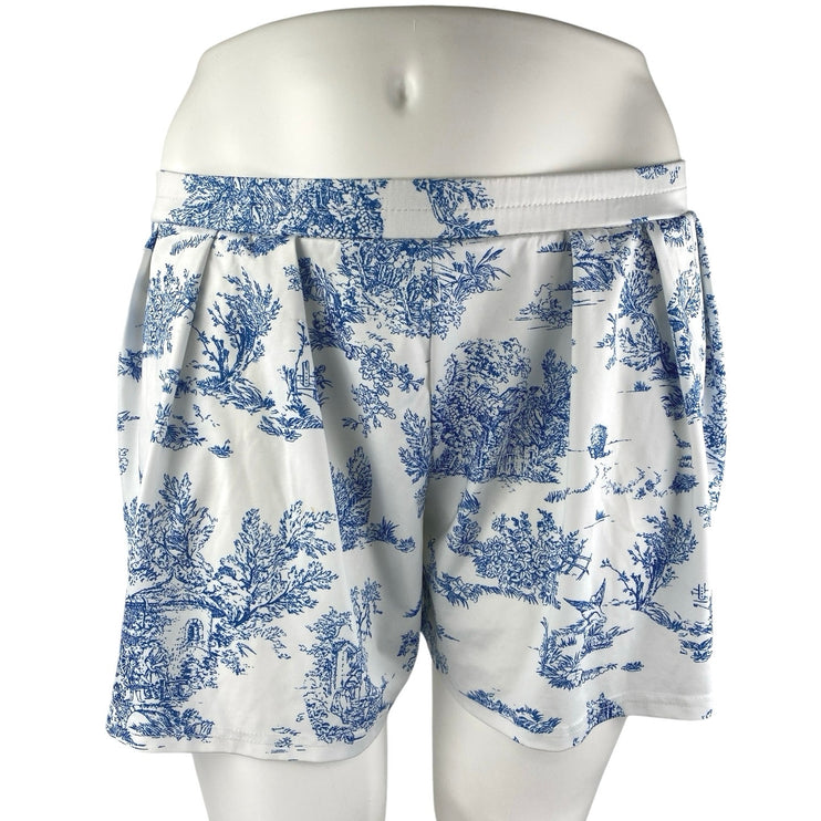 Yozy Blue White Scenic Print Pleated High Rise Mini Wide Leg Casual Shorts Sz L