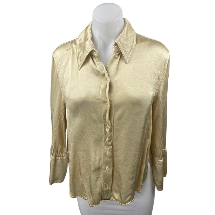 Zara Women's Gold Yellow Silk Satin Long Sleeve Button Down Shirt Top Size XS