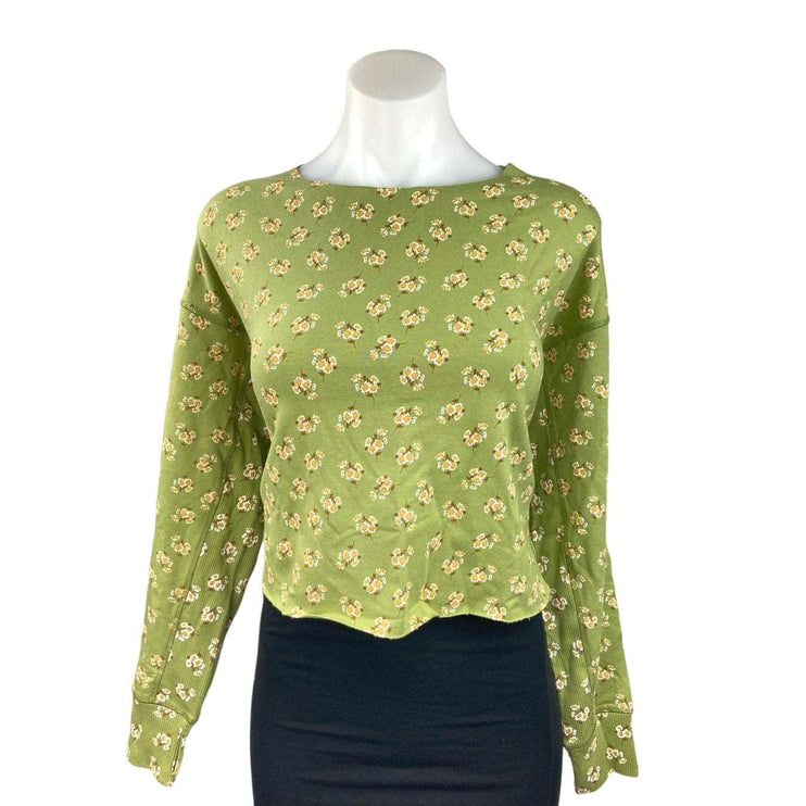 Aerie Offline Green Floral Printed Rib Inset Fleece Long Sleeve Pullover Top S