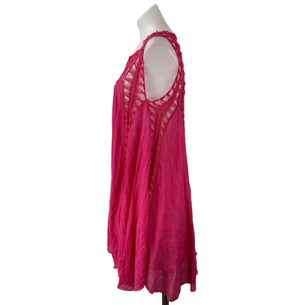 Advance Apparels Pink Crochet Knit Sleeveless Boho Mini Swing Tunic Dress Sz OS