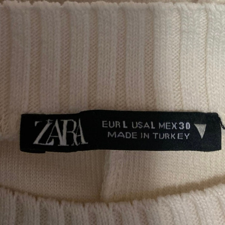 Zara Women's Cream White Knit Long Sleeve Crew Neck Sweatshirt Sweater Top Sz L