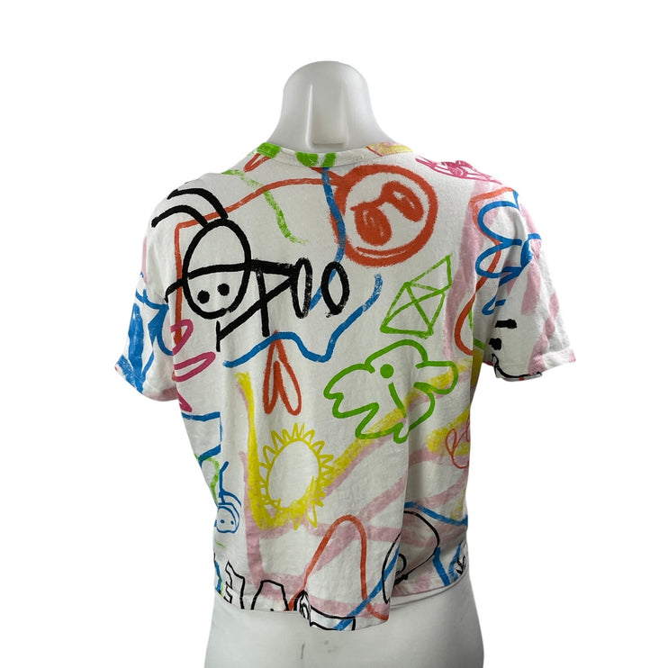 Zara Women's White Colorful Graffiti Crayon Drawing Graphic T Shirt Tee Top Sz S