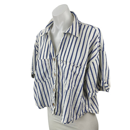 Zara Women's White Blue Striped Short Sleeve Button Down Cropped Shirt Top XL