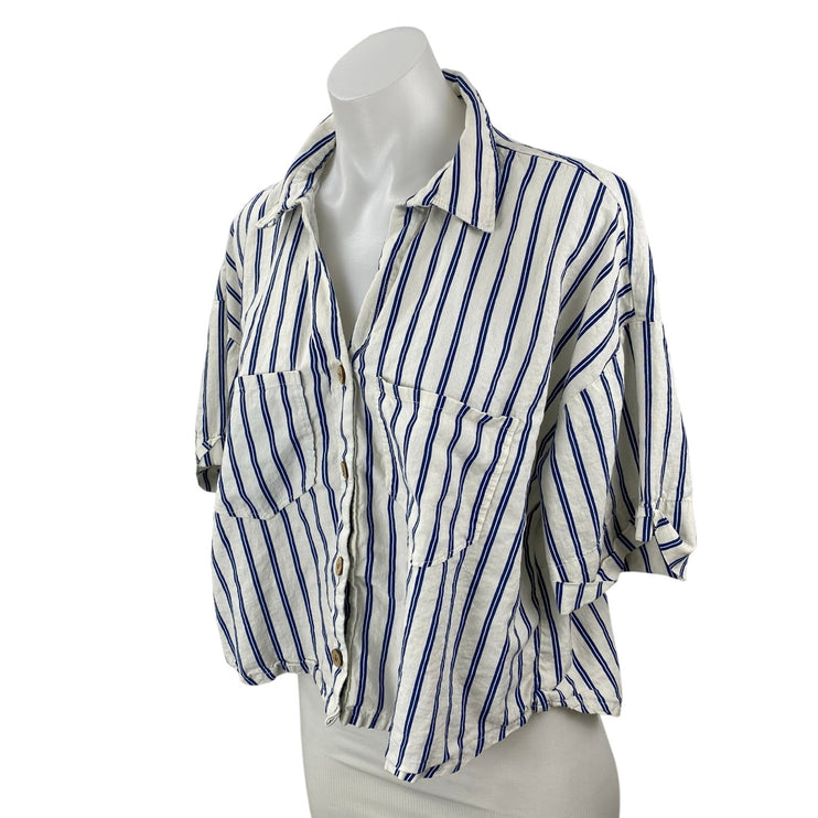 Zara Women's White Blue Striped Short Sleeve Button Down Cropped Shirt Top XL