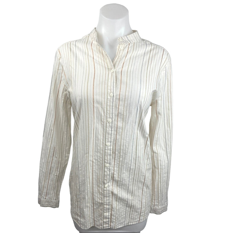 Promod White Striped Button Down Long Sleeve Career Office Blouse Shirt Top 10