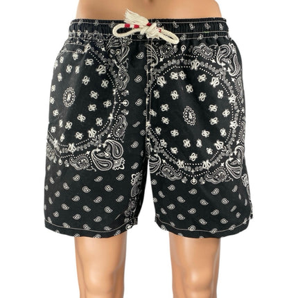 MC2 Saint Barth Men's Black Paisley Bandana Elastic Waist Jumbo Swim Shorts Sz L