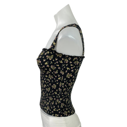 Billabong Womens Black Floral Sleeveless Square Neck Smocked Crop Tank Top Sz S