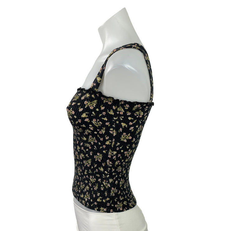 Billabong Womens Black Floral Sleeveless Square Neck Smocked Crop Tank Top Sz S