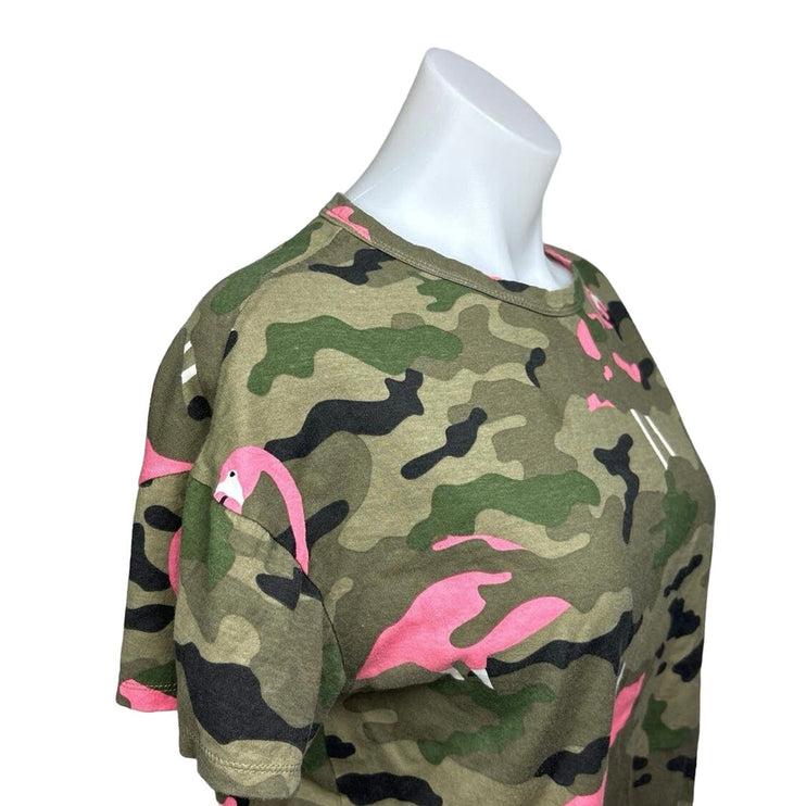 Zara Green Pink Cotton Camouflage Army Flamingo Short Sleeve T-Shirt Top Size S