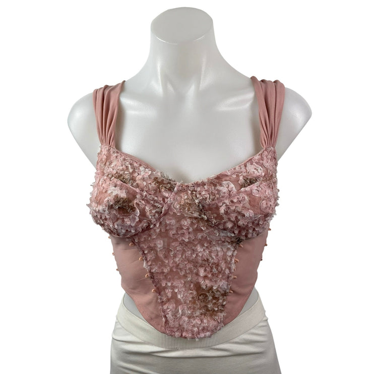 Womens Pink Floral Lace Ruffle Sleeveless Crop Cami Camisole Corset Tank Top S/M