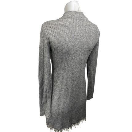 Zara Gray Rib Knit Jeweled Rhinestone Fringe Long Sleeve Mini Bodycon Dress Sz M